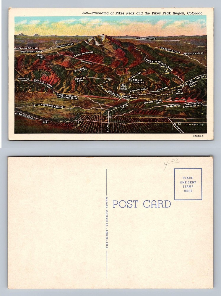 Pikes Peak, CO-Colorado, Panorama Region Map Scene View Vintage Postcard