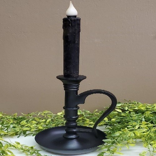 Primitive Colonial Black Iron Chamberstick Taper Candle Holder with Handle