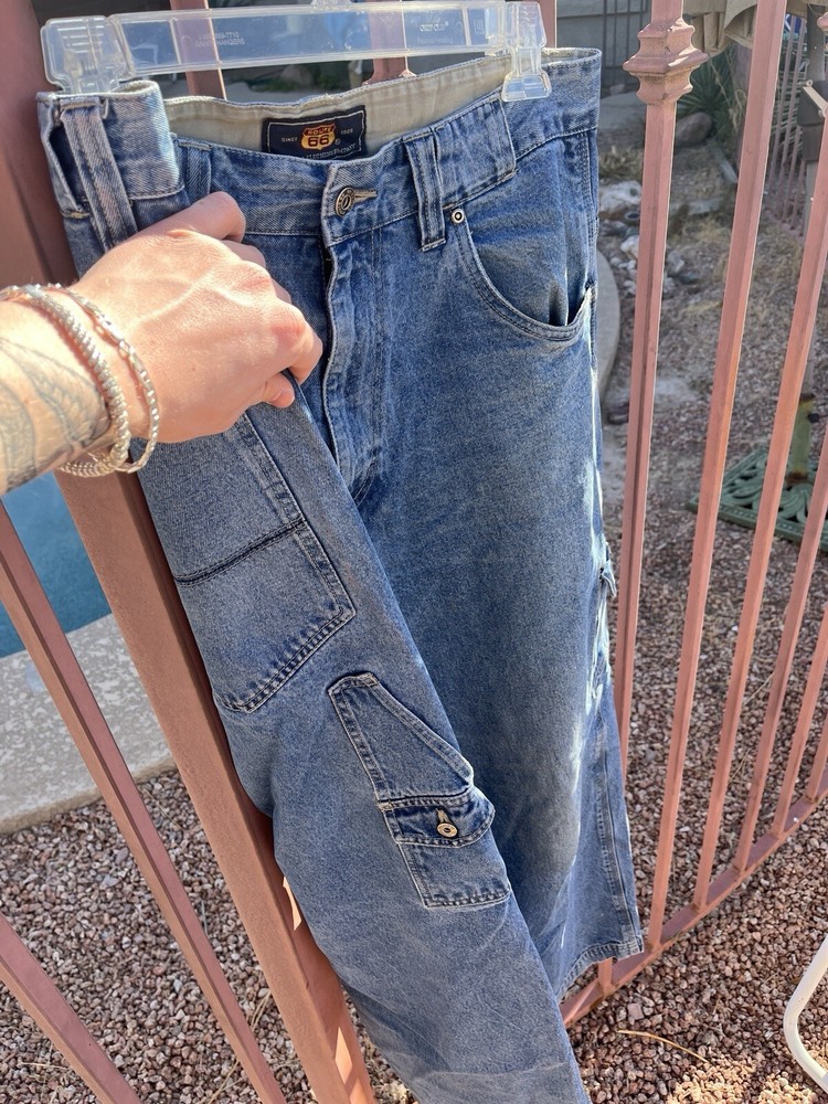 VINTAGE BAGGY CARGO DENIM ROUTE 66  MENS 33X33 JEANS 100% AUTHENTIC MENS THRIFT
