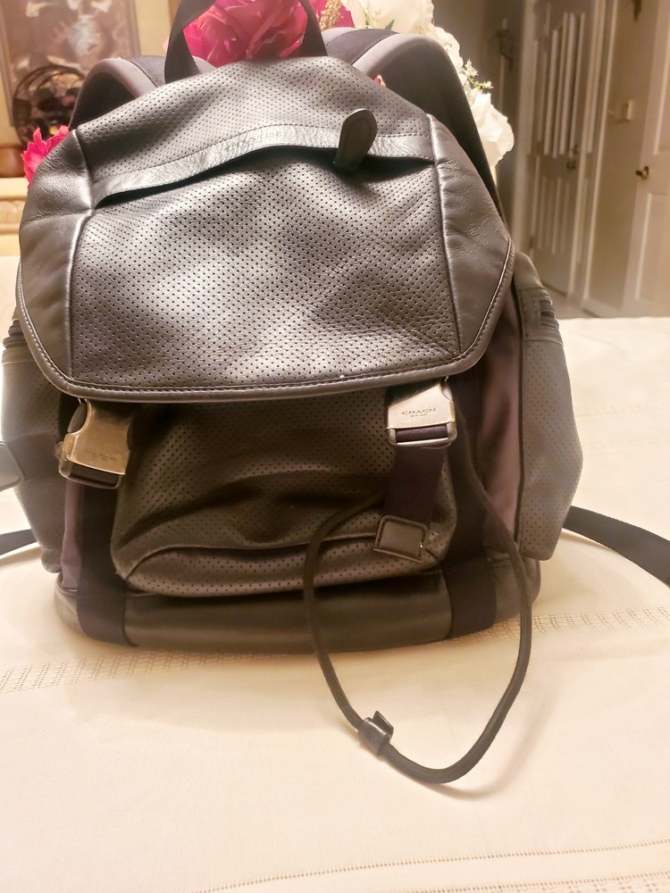 Coach Terrain Trek Black Leather Backpack F57477 Men’s Laptop Travel Bag  Used