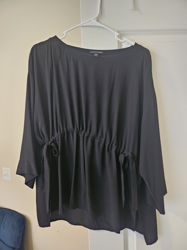 Eileen Fisher Silk Georgette Crepe Drawstring Top 3/4 Sleeve - Black, Size S