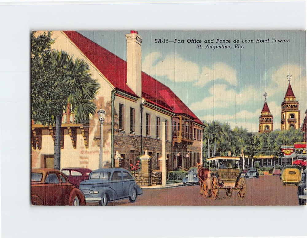 Postcard Post Office and Ponce de Leon Hotel Towers St. Augustine Florida USA
