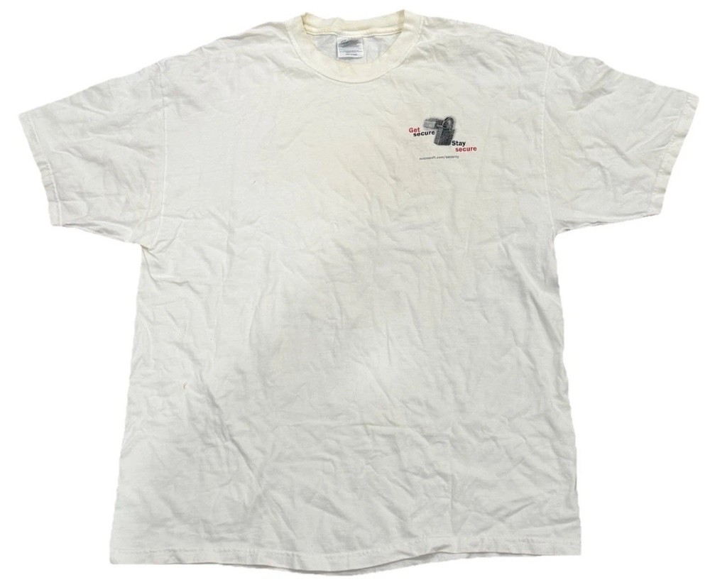Y2K Tech Microsoft Security Retro White Preloved Stained Tee Men’s Size XL