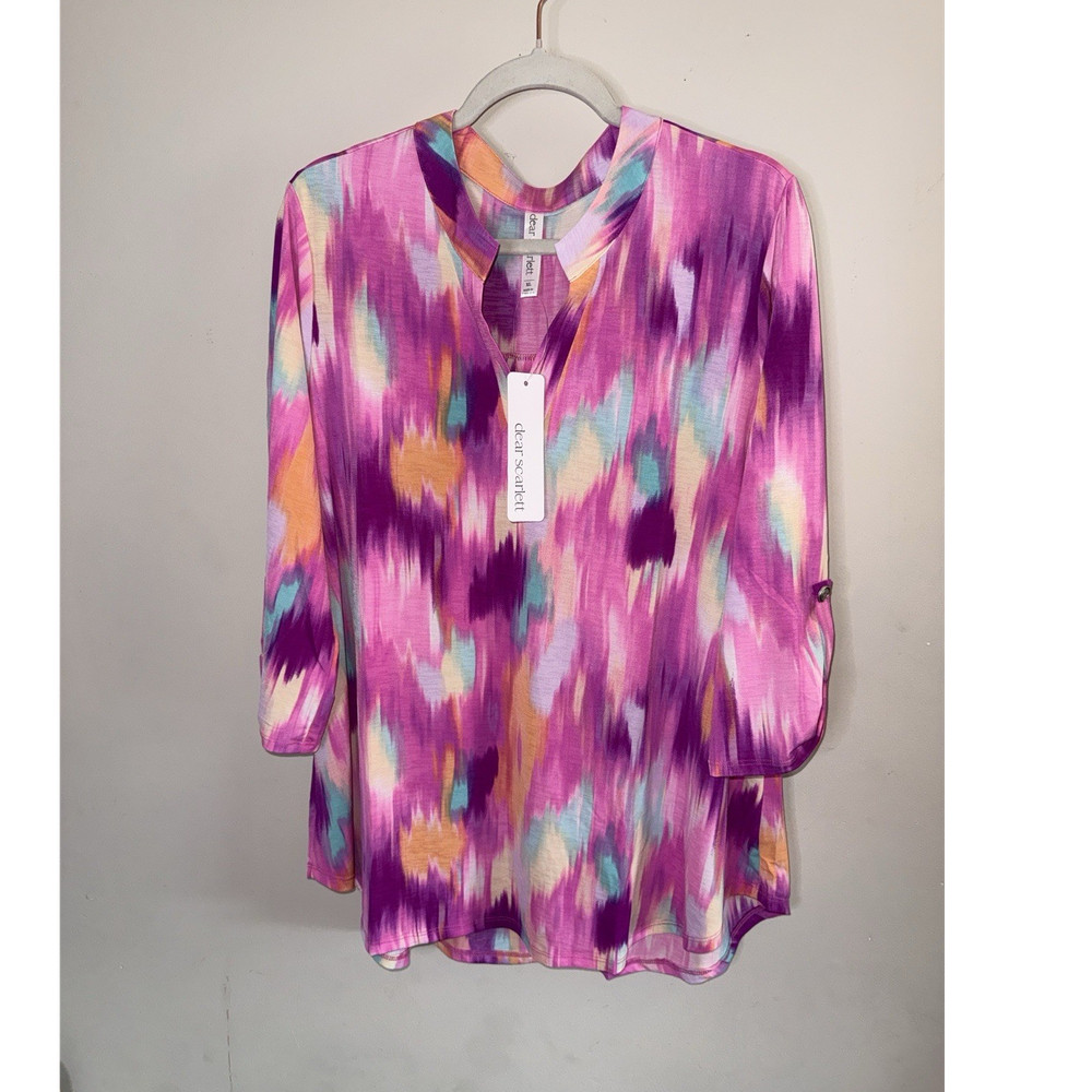 Dear Scarlett Abstract Colorful Split Neck Roll Tab 3/4 Sleeve Tunic Blouse XL
