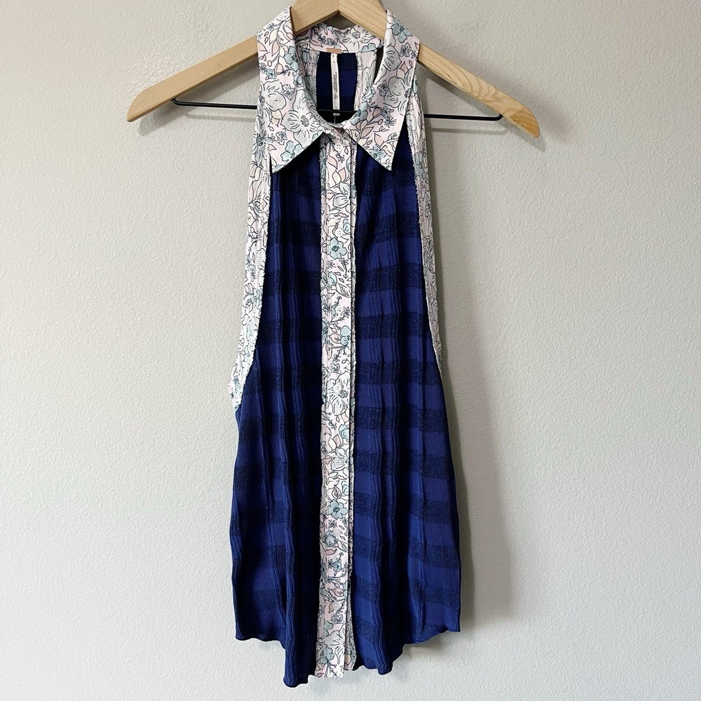 Free People Beach Watch Striped Halter Tank Top Blue Size Large Button Front NEW