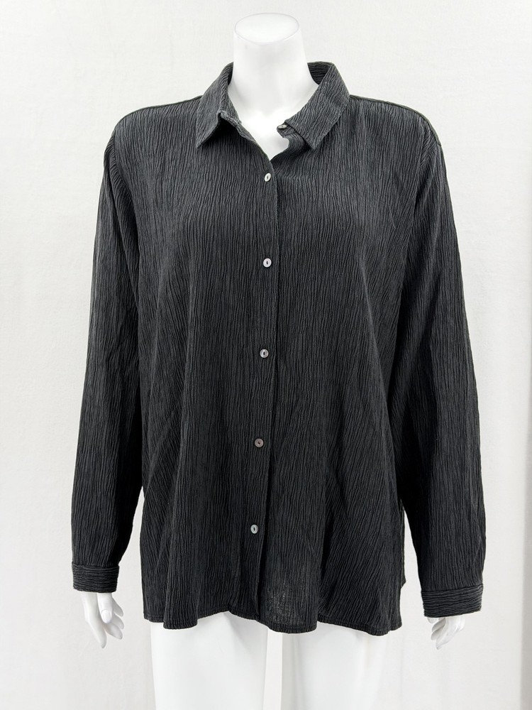 Eileen Fisher Top Women 1X Black Crinkle Button Up Long Sleeve Lagenlook Stretch