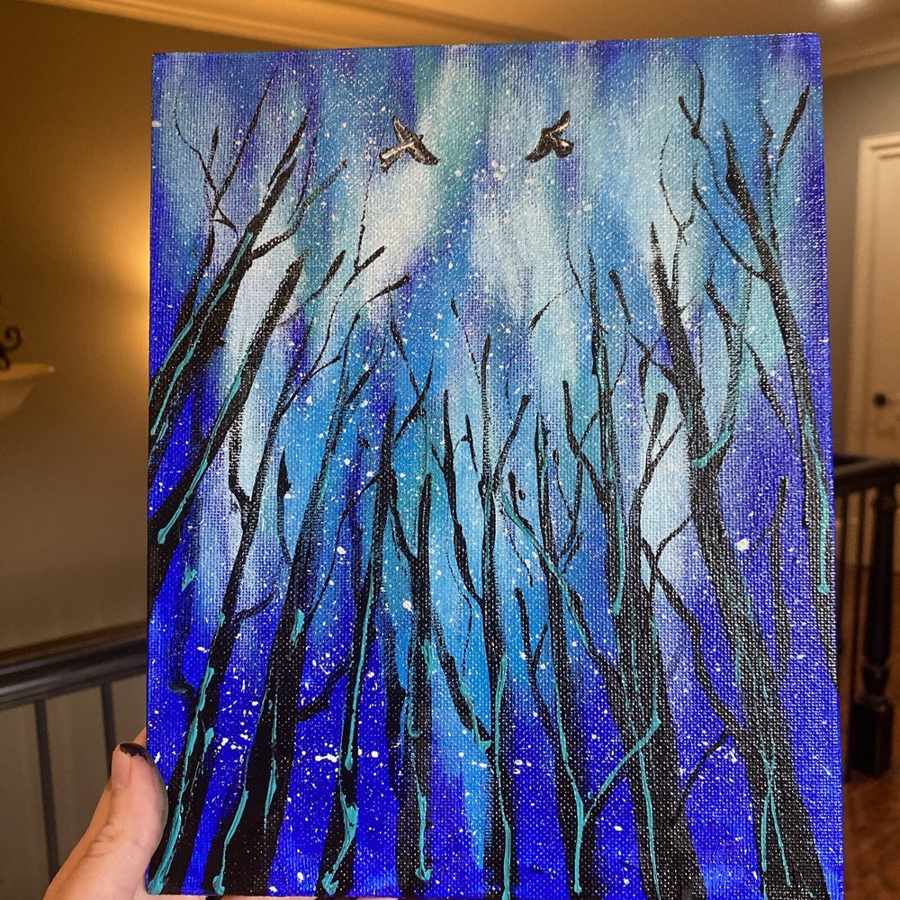Forest,mistical,night,birds,abstrsct 8/10 Acrylic Painting-image