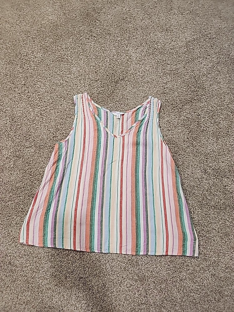 Time & Tru Ladies Small (4-6) Flowy Striped Wide Strap Linen Blend Tank Top
