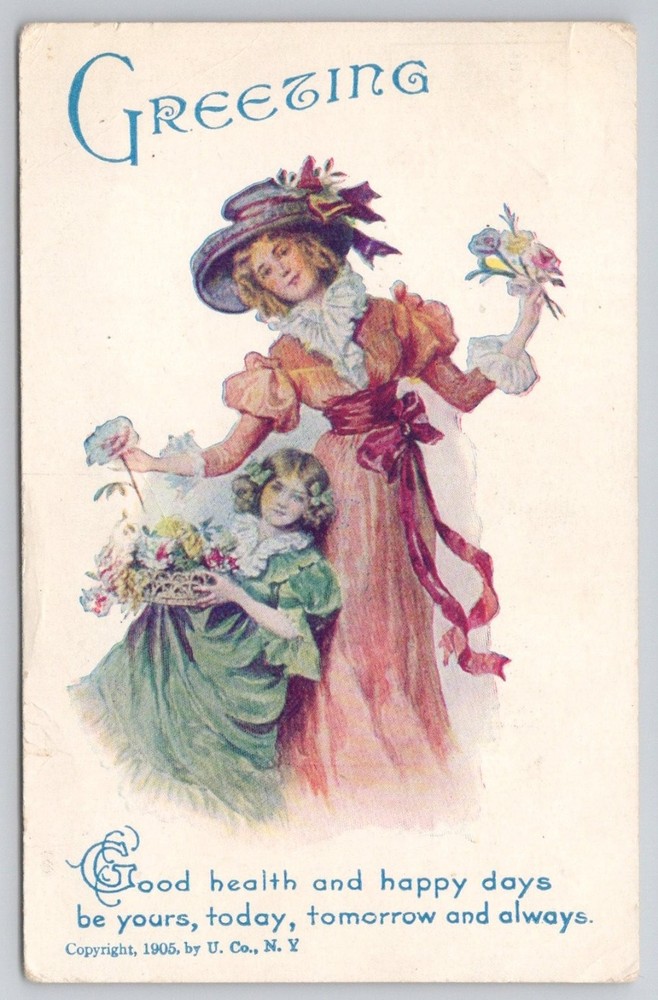 1905 Edwardian Greeting Postcard Woman Girl Flowers Macungie PA 1910 Posted