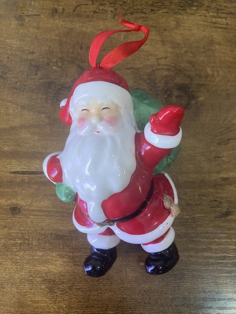 Vintage Dangling Legs Santa Claus & Toy Sack Ceramic Christmas Holiday Ornament