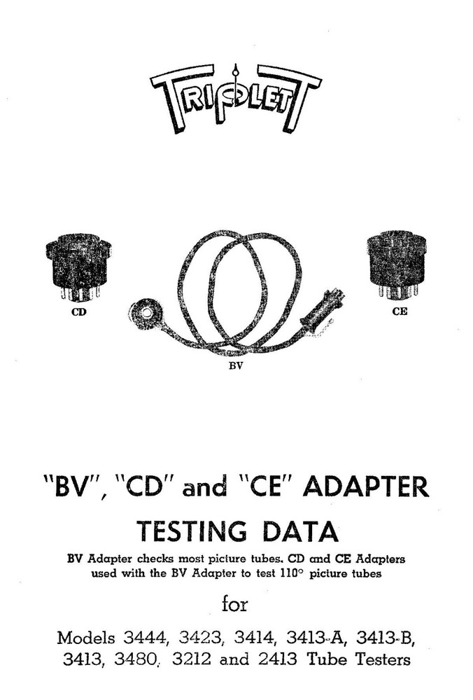 Triplett Picture Tube Adapter BV CD CE Tube Data