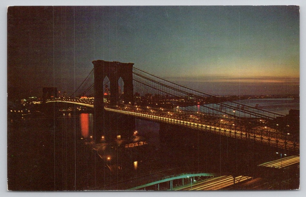 Brooklyn Bridge New York City Night View Plastichrome Postcard NYC