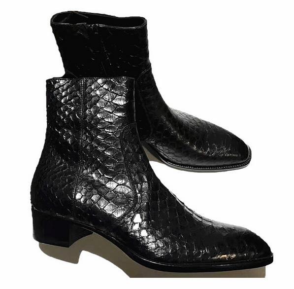 Men's Pointed Toe Snakeskin Chelsea Boots Business Formal Leather Ankle Boots