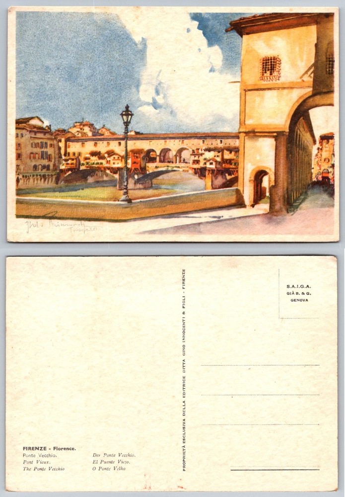 Ponte Vecchio Florence Italy Vintage Postcard Thos. Himmighoffen Art