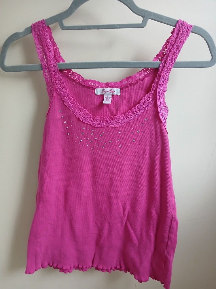 Vintage Cami Tank Top Lace Trim Sequin Rhinestones Size L Y2K 90s 00s Fairy Boho