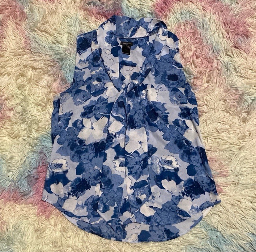 Ann Taylor Factory Blue Floral Semi-sheer Sleeveless Blouse Attached Necktie XS