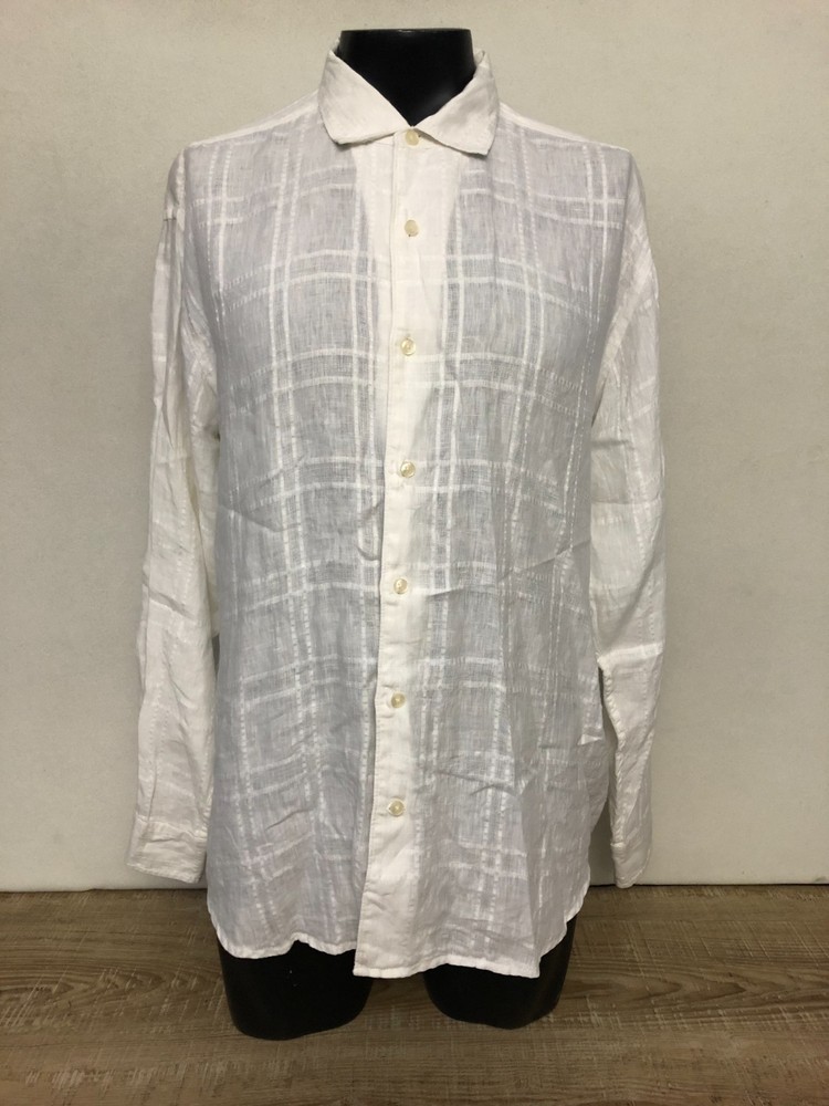 Tommy Bahama Men's XL 100% Linen White Plaid Button Up Shirt Long Sleeve