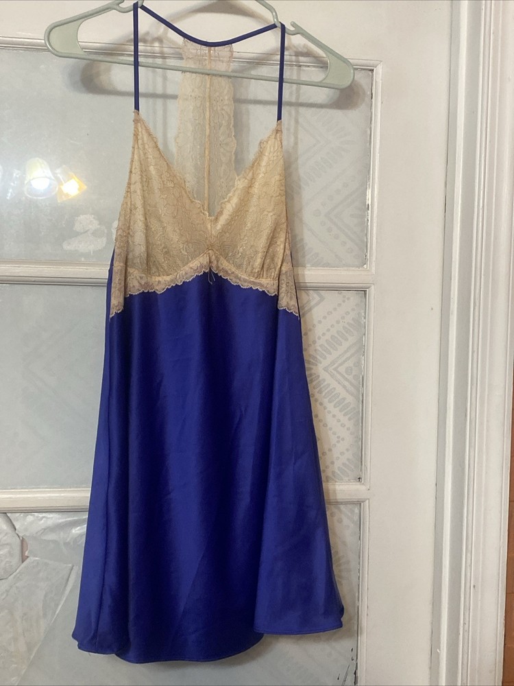 Soma Chemise Slip Dress Sz M Royal Blue Lace Lingerie Nightgown Silky