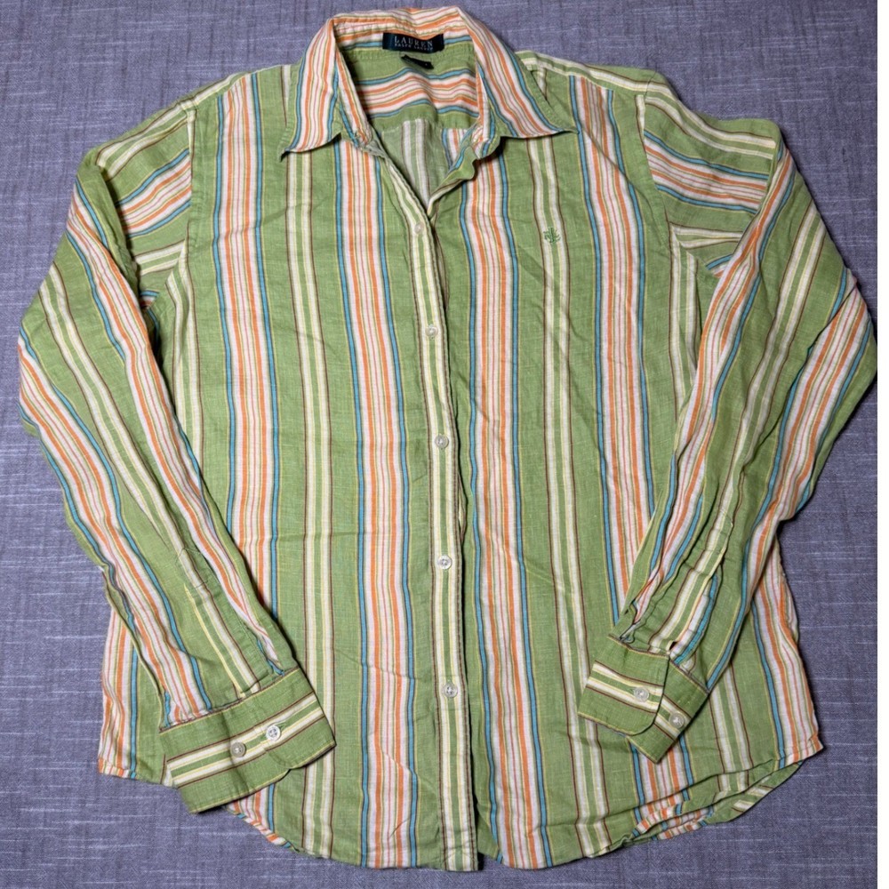 Lauren Ralph Lauren Womens Green Striped 100% Linen Button Down Shirt Size S