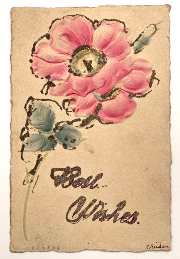 1907 Best Wishes Postcard Pink Flower Glitter E. Reider Mt Joy PA