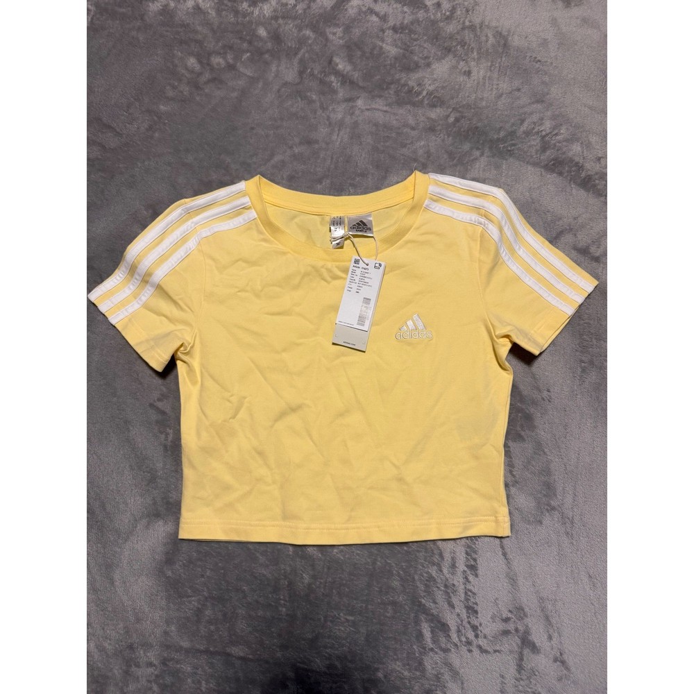 Adidas Baby T Shirt Womens Small Yellow 3 Stripe Crop Top IY4273