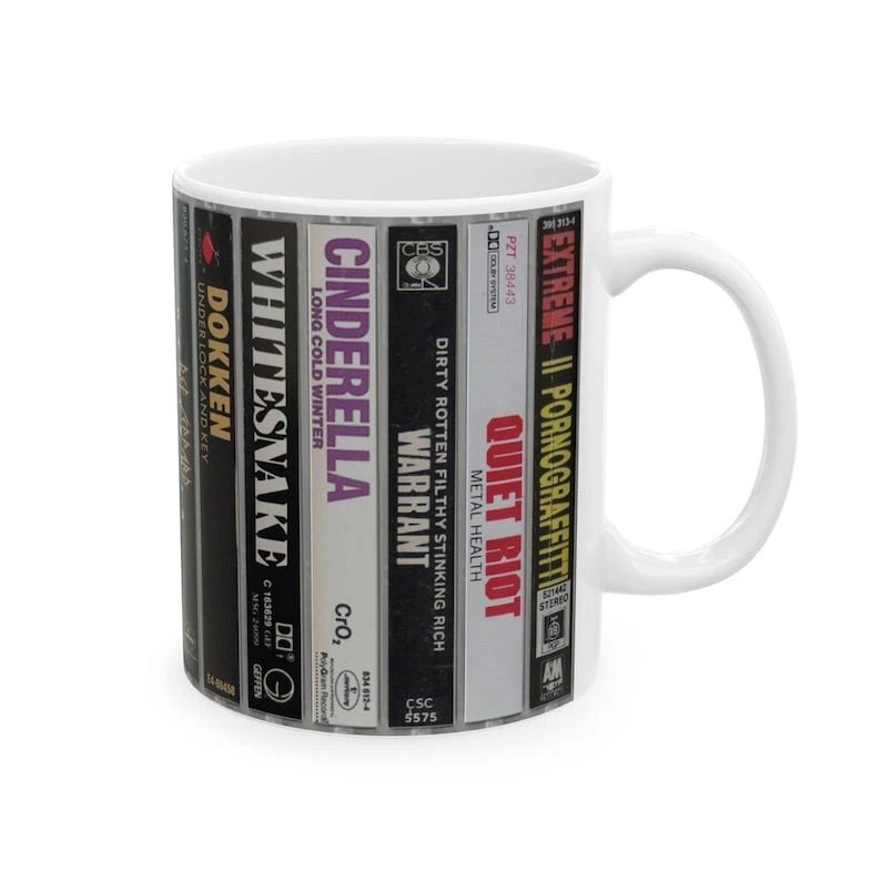 Hair Metal Cassette Cover Ceramic Mug, Music Lover Gift, Retro 80s Coffee Cup
