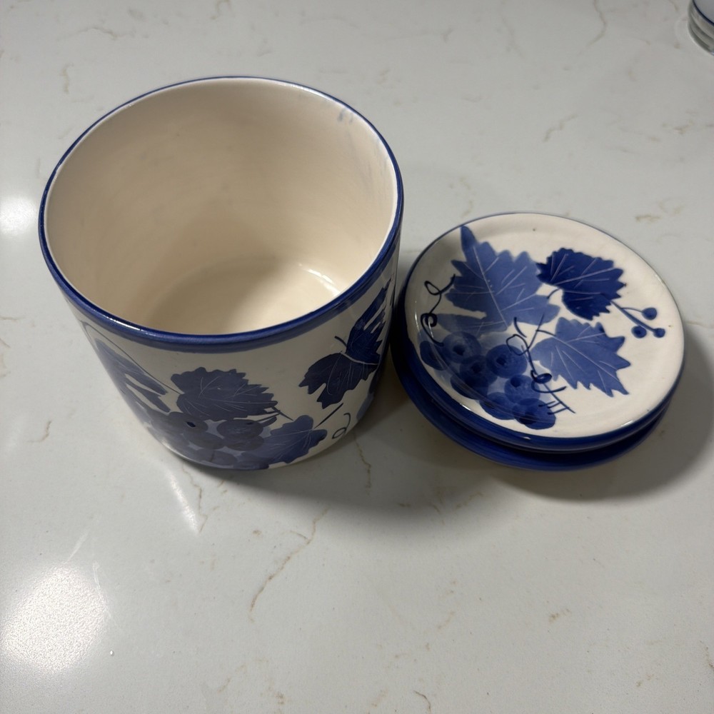 Designpac Hand Painted Ceramic Canister Jar With Lid Cobalt Blue White Grape