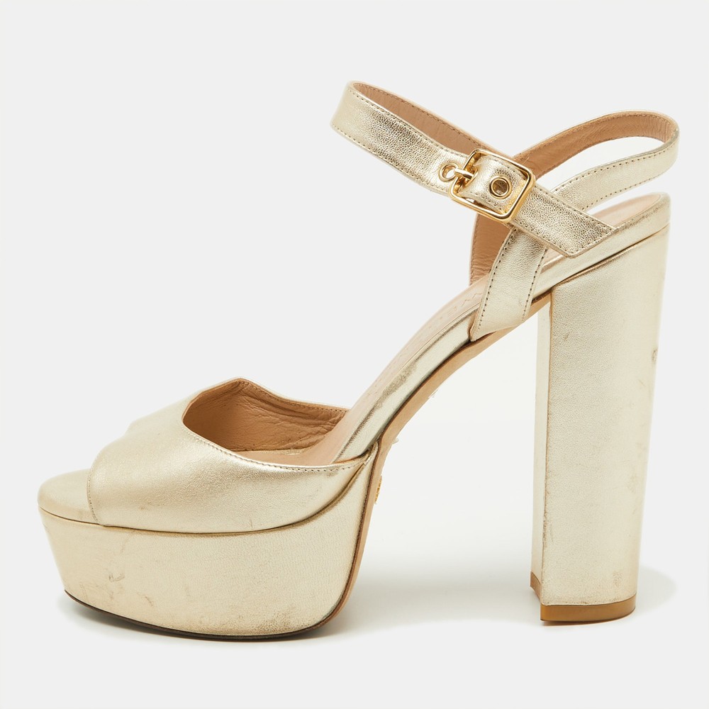 Stuart Weitzman Gold Leather Platform Ankle Strap Sandals Size 39.5