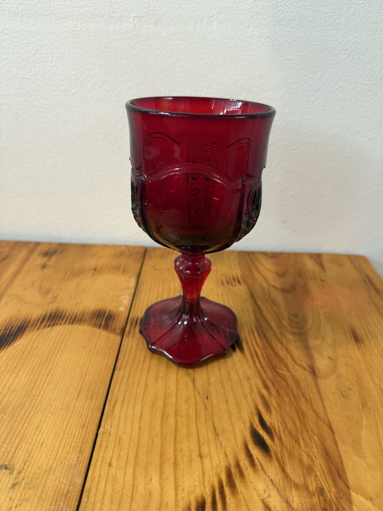 Vintage Ruby Red Glass Goblet Scalloped Base Embossed Pattern Wine Glass