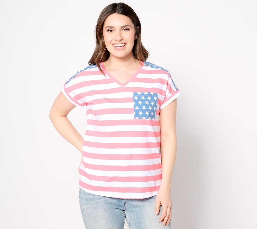 Denim & Co. Women's Top Sz L Americana Printed Stars Stripes V-Neck Pink A649418