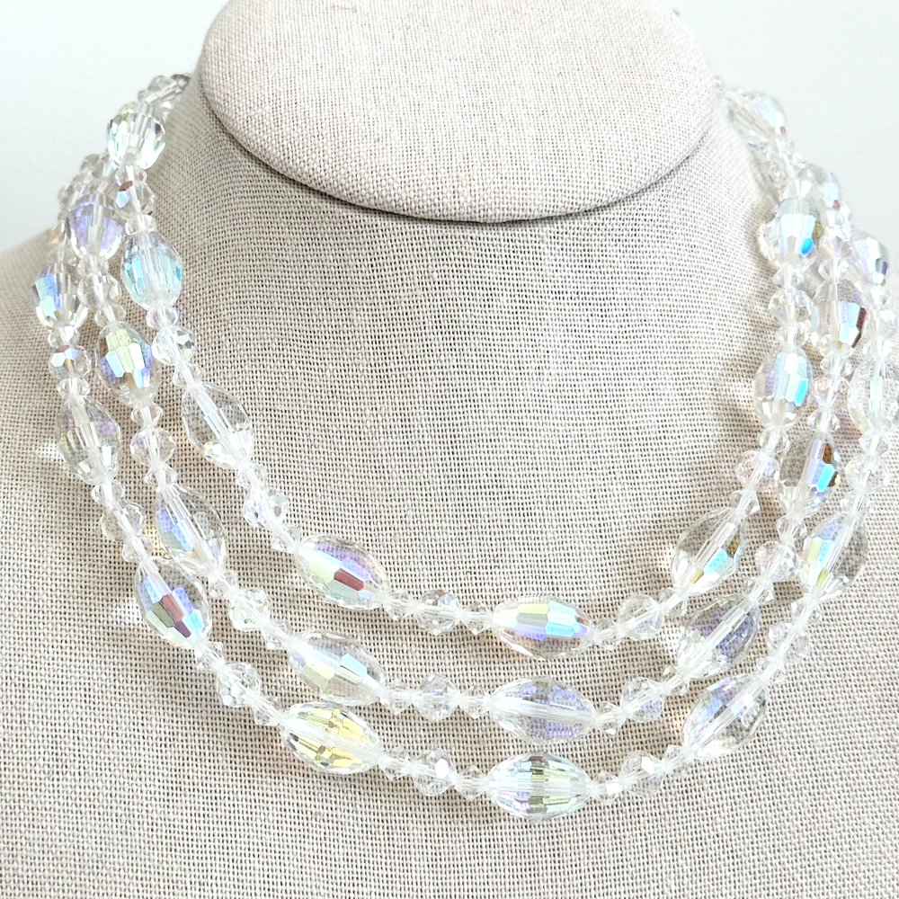 Stunning Vintage Clear Aurora Borealis AB Crystal Triple 3 Strand Necklace