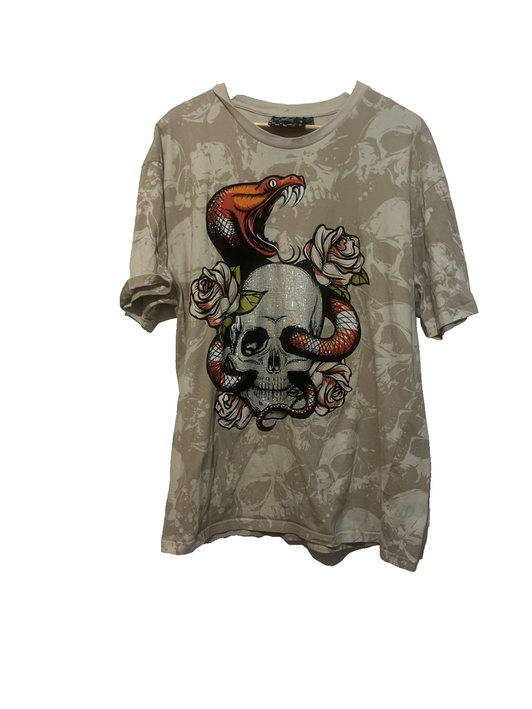 Rebel Vengeance Graphic Print Skull Snake Shirt Mens Size XL With Rhinestones