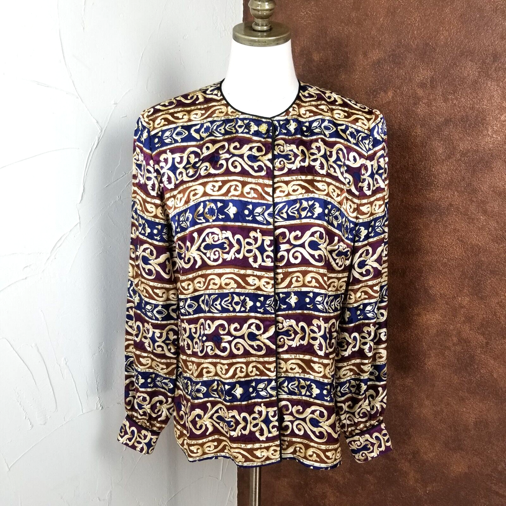 Vintage Maggy London Size 6 Silk Striped Button Down Blouse in Gold Blue Brown
