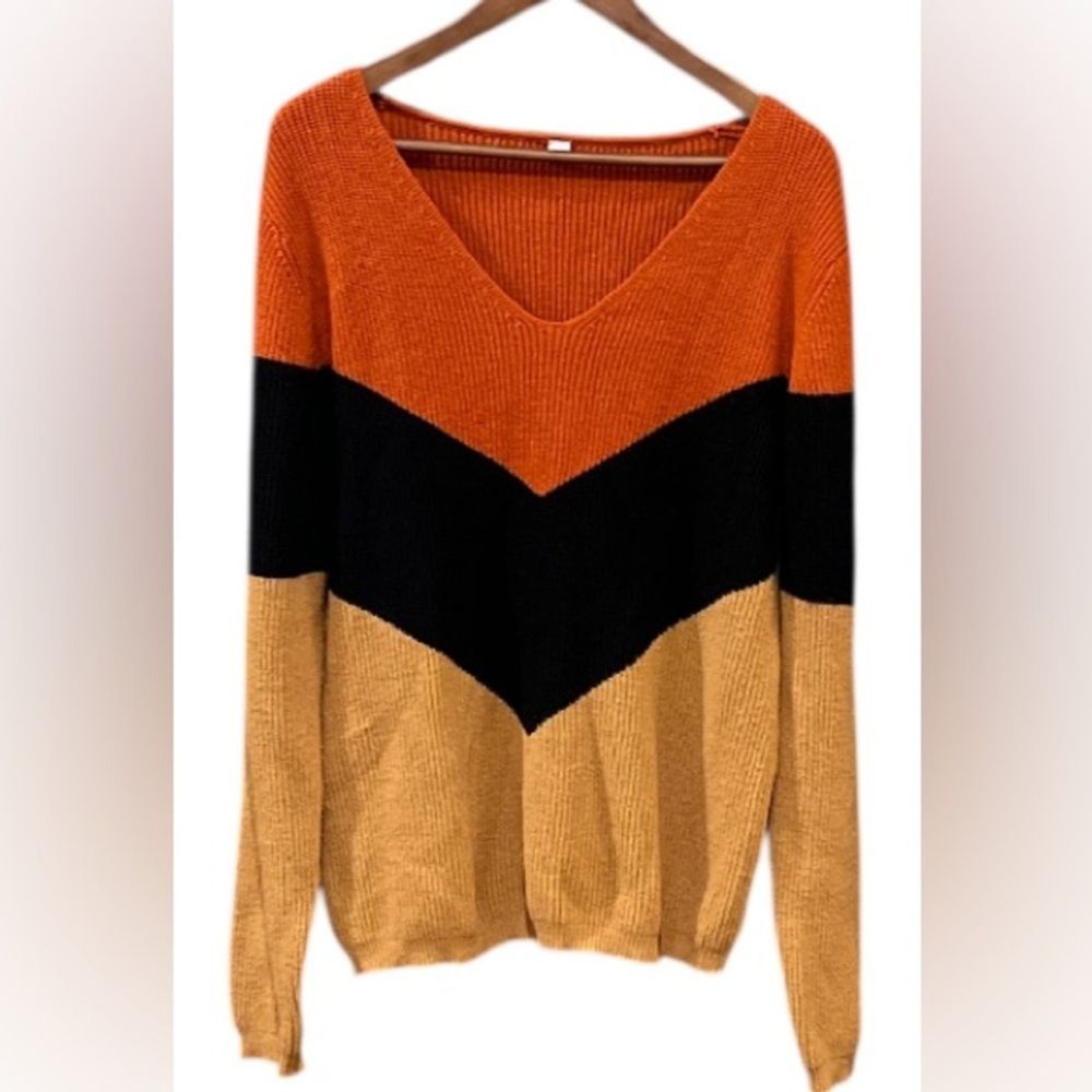 Colorblock Rust Orange, Tan and Black V-Neck Sweater Size Large