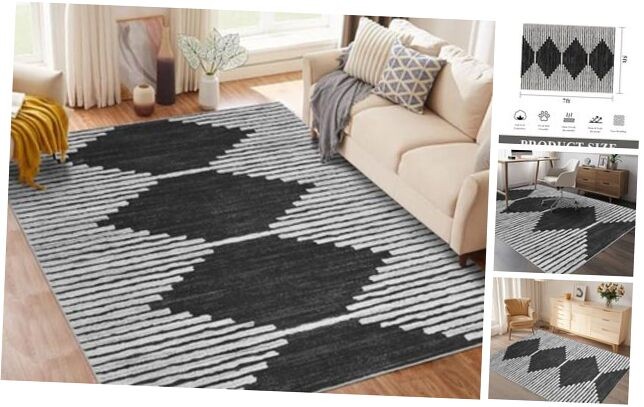 5x7 Washable Black Geometric Moroccan Stripe Area Rug for Living Room