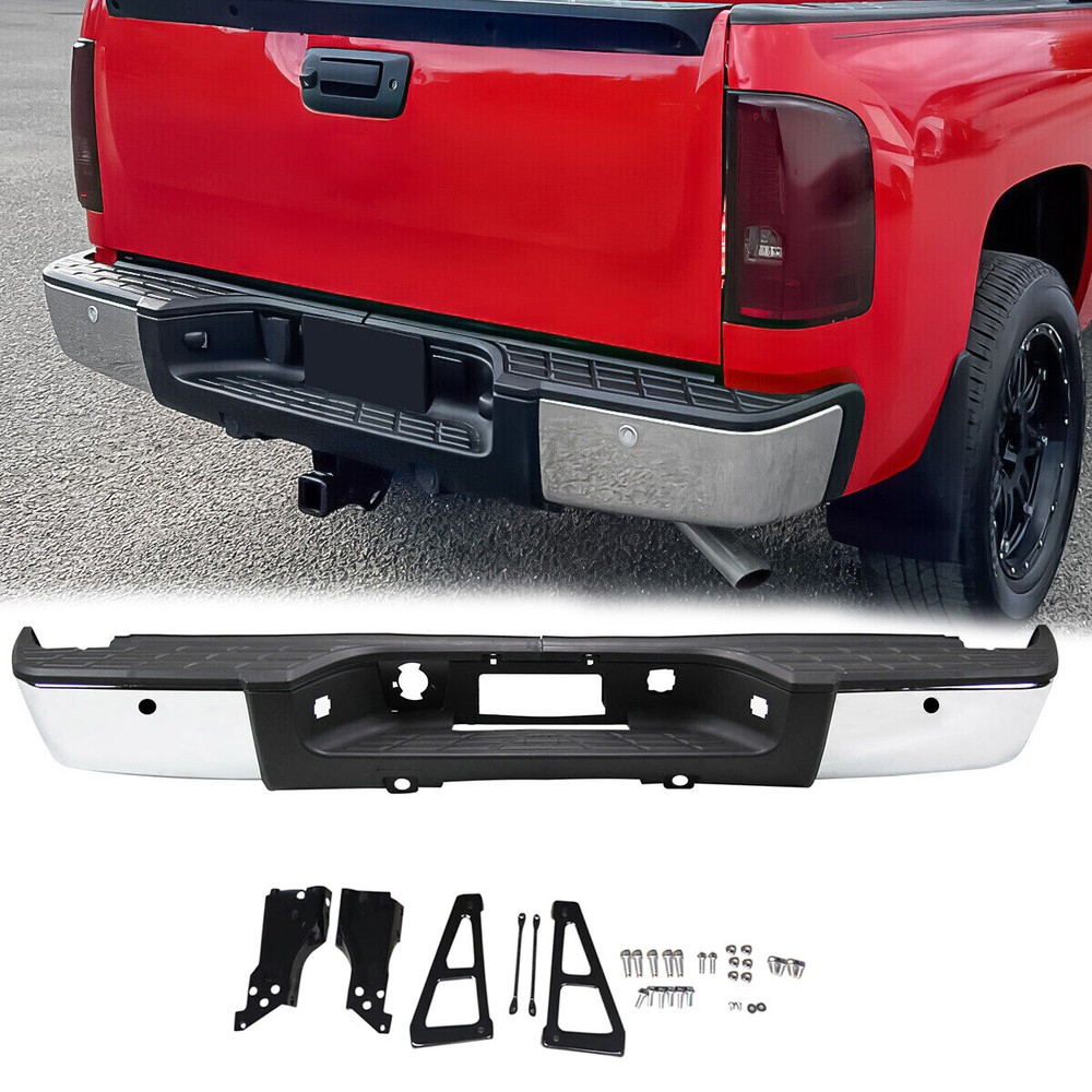 Chrome Rear Bumper For 07-13 Chevrolet Silverado GMC Sierra 1500 5.3L w/ Sensor