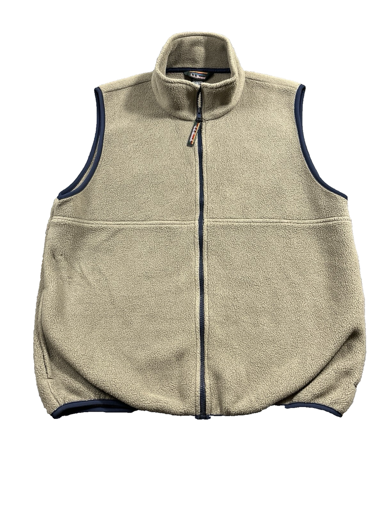 LL Bean Vest Mens Medium Olive Green Full Zip Fleece Nylon Pocket Hiking Outdoor