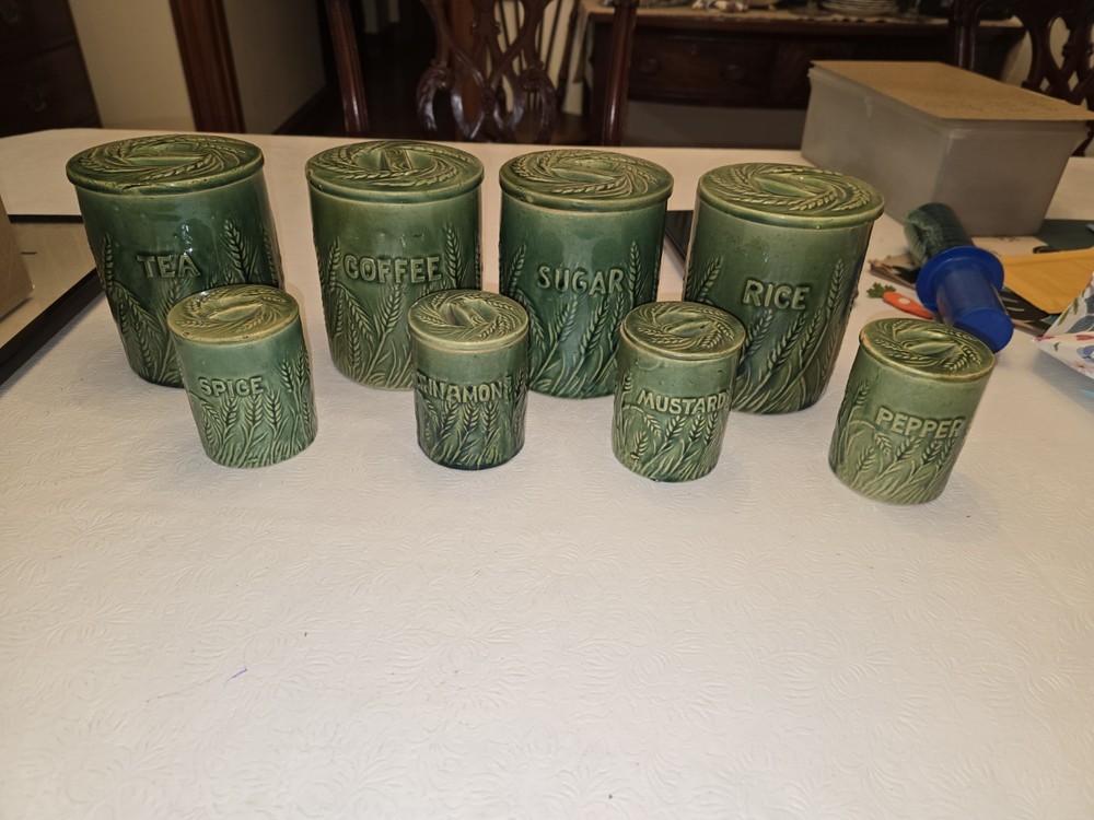 Rare Hull Pottery Green Wheat Canister Set Coffee Tea Sugar Cinnamon Pepper Etc