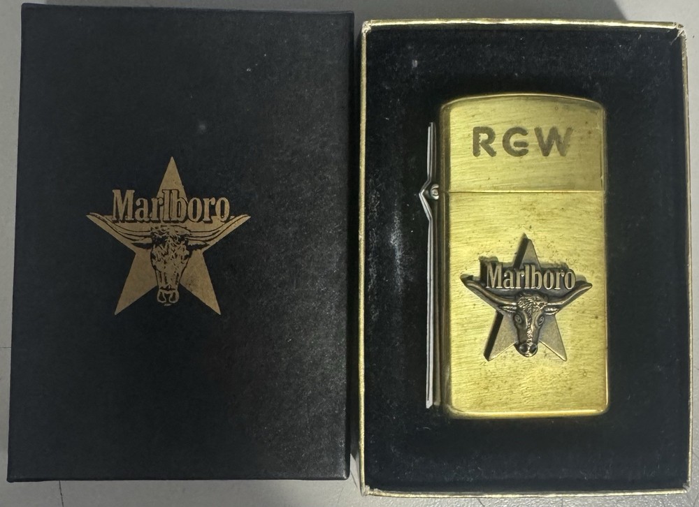 Zippo 1991 Slim Marlboro Steer In Star Emblem Brass Lighter Unfired In Box D397