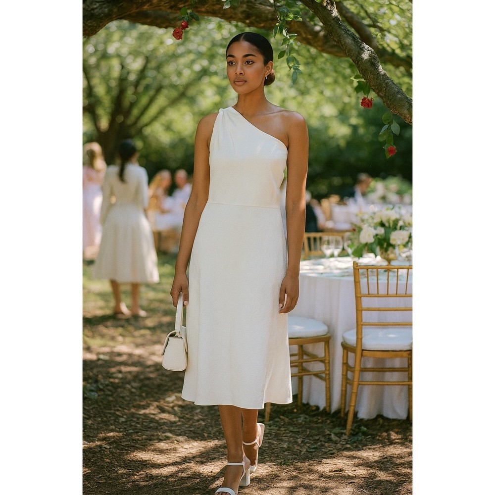 Markarian White One-Shoulder Asymmetric Viscose Midi Dress 10 Cocktail Bridal