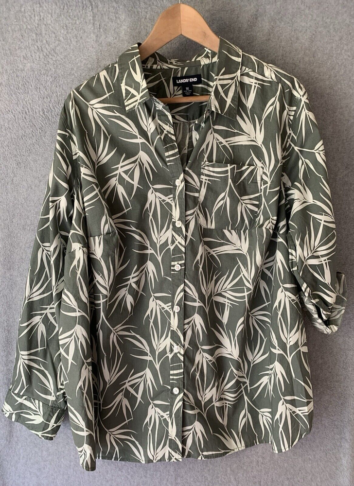 Lands End Womens Size 1X Green Tropical Floral Roll Tab Button Down Resort Shirt