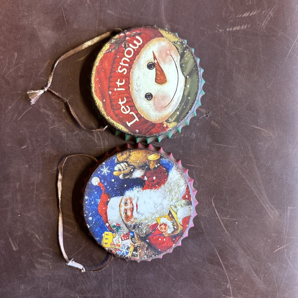 Christmas Ornaments Two Bottle Cap Style Snowman Santa Claus Let It Snow Metal
