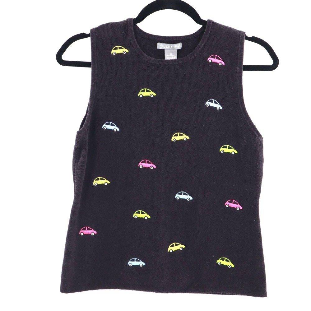Eagles Eye Knit Car Tank Top Women M Black Retro Novelty School Academia