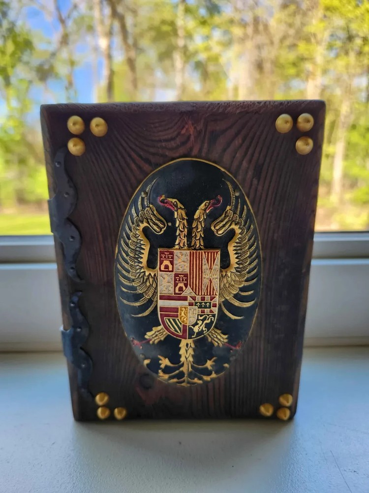 Wood/Metal Studded Storage Chest Emblem Charles V Of Spain Heraldic Coat Of Arms