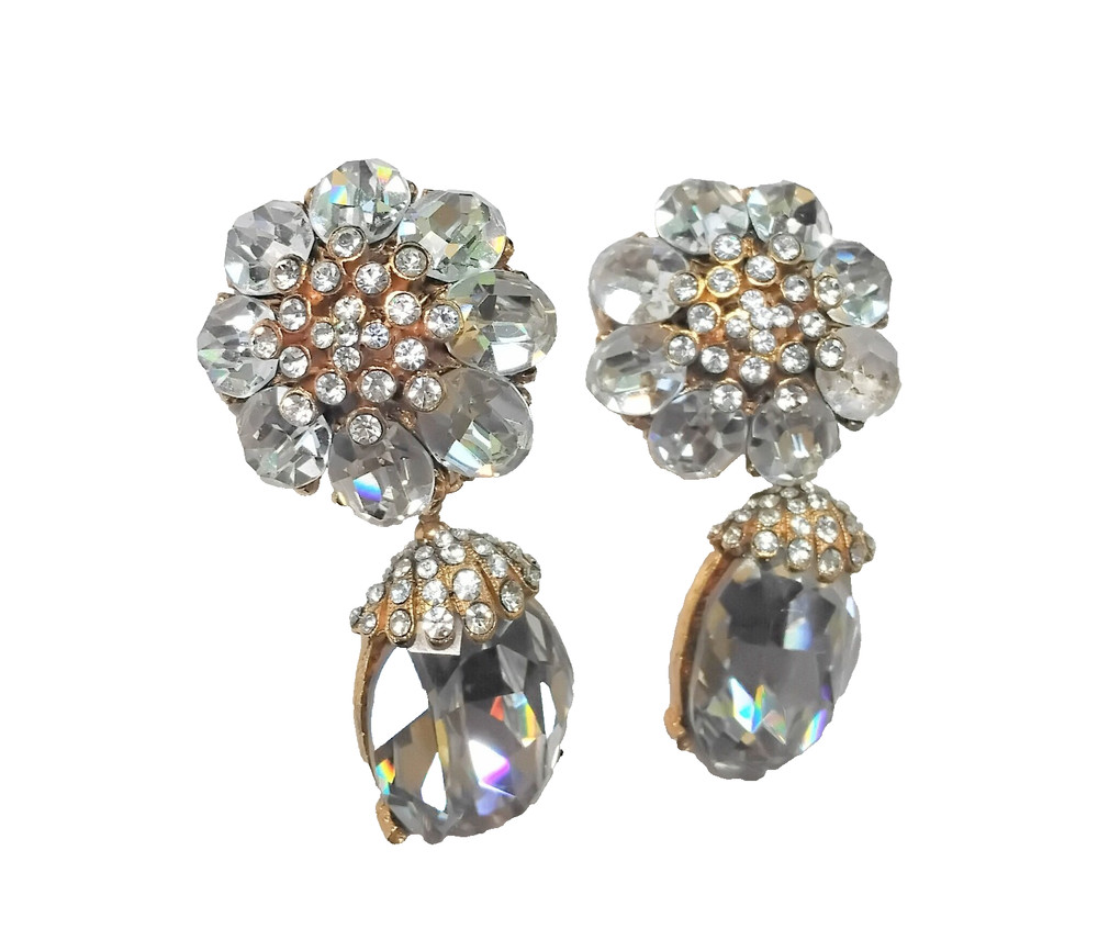 Barrera signed large statement rhinestone floral dangle clip earrings