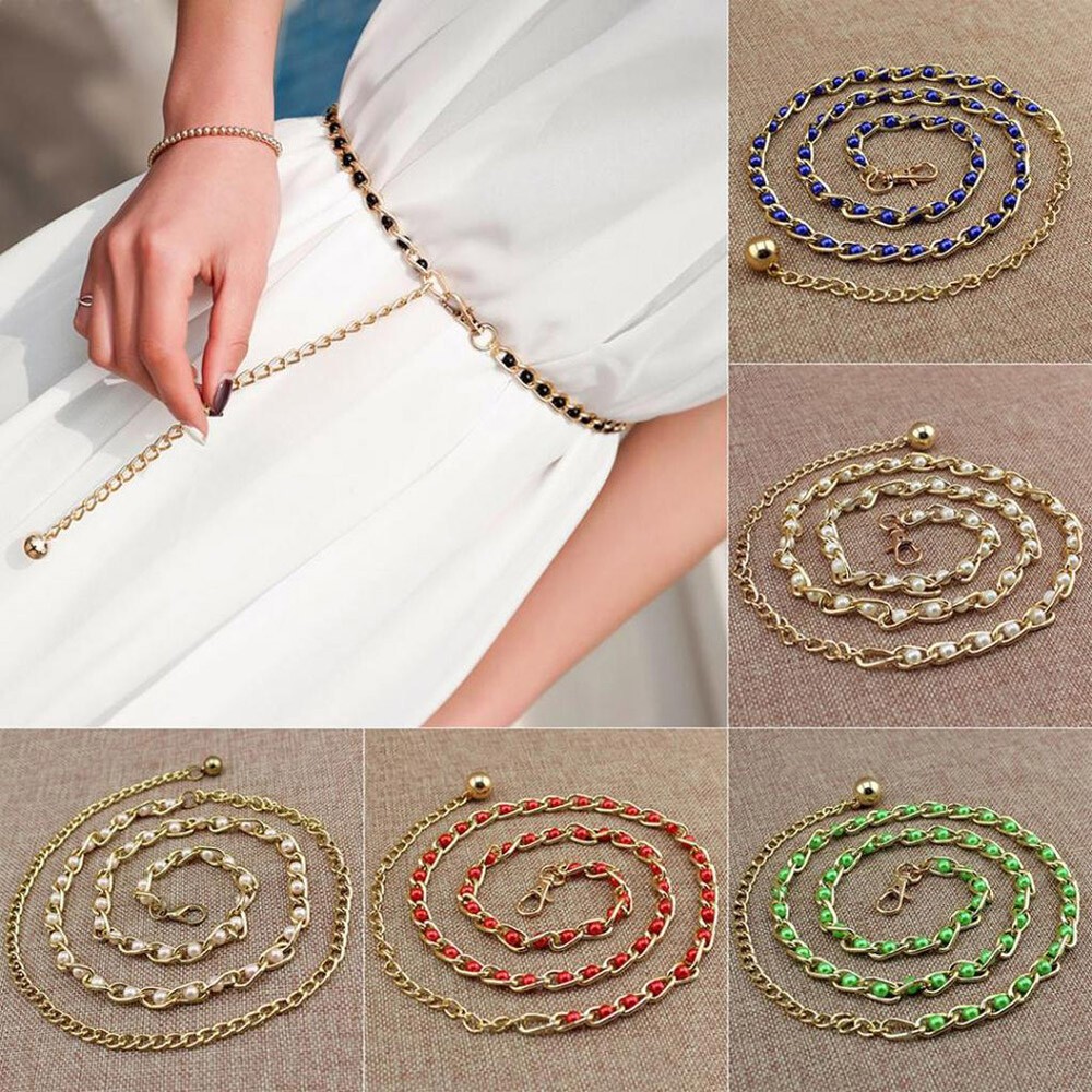 Retro Metal Chain Belt with Pearl Charms High Waist Hip Accessory