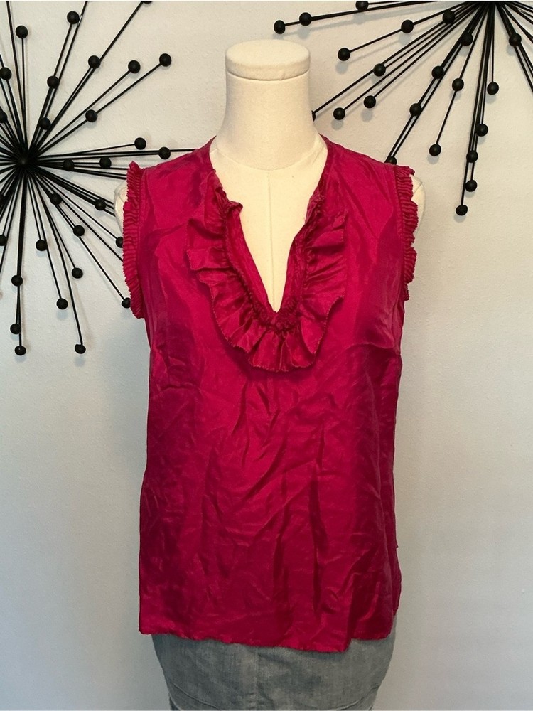 J.Crew 100% Silk Fuchsia Ruffle Sleeveless Blouse Size 4 Pink Top