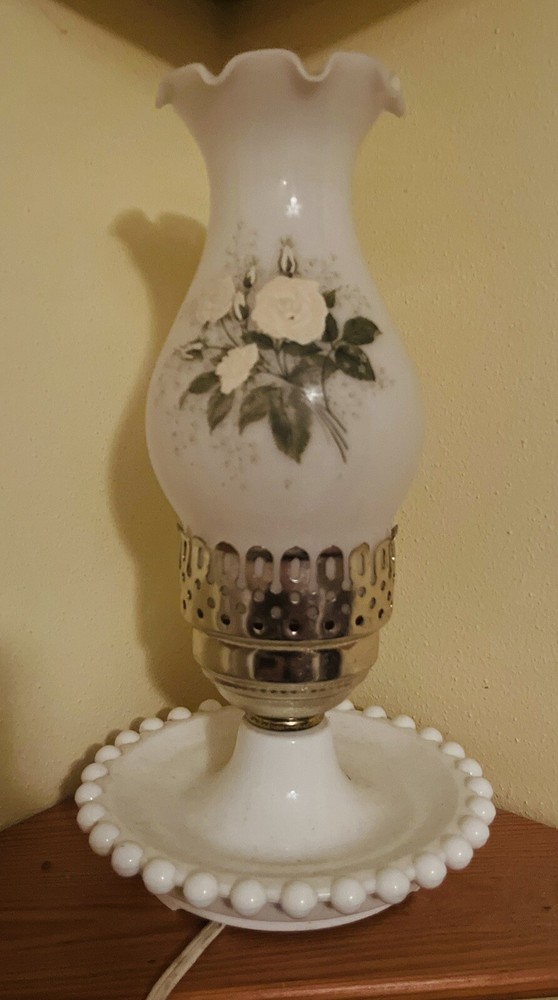 Vintage Milk Glass Hurricane Lamp Electric Hand Painted Floral Design W/bulb
