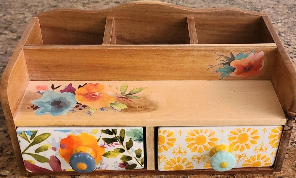 Pioneer Woman Willow Flatware/Utensil Caddy Counter Top Storage Ceramic Drawers