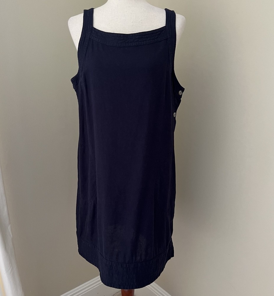 For Cynthia Womens Shift Dress Sz L Navy Blue Pocket Side Buttons Beach Coastal